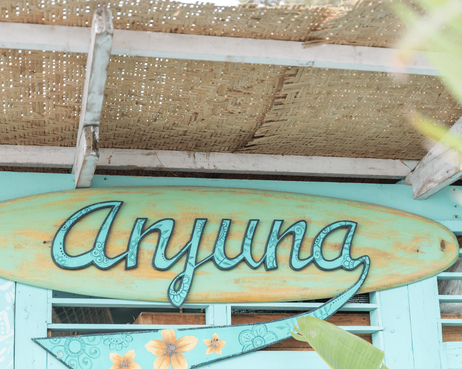The Anjuna restaurant sign with its surfboard