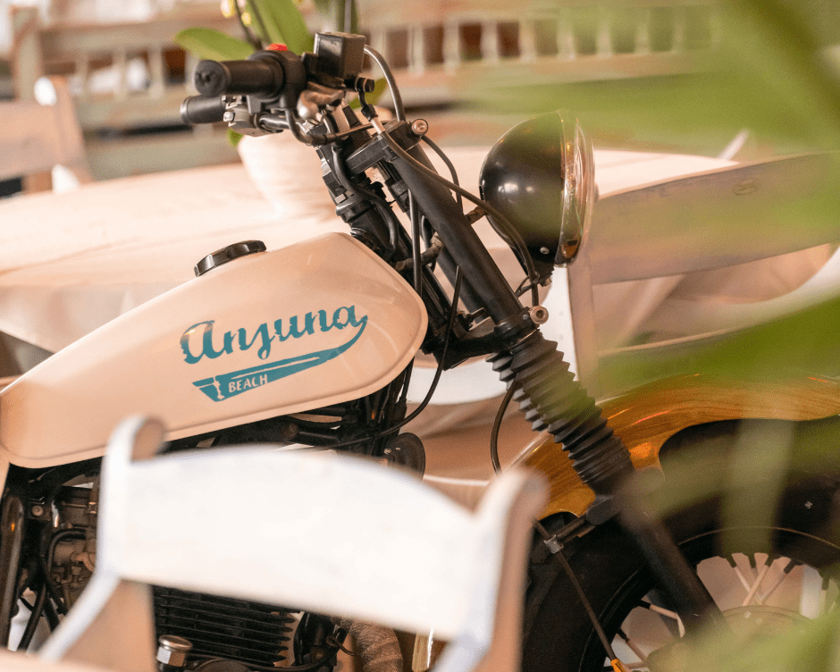 Anjuna's vintage motorbike in the restaurant